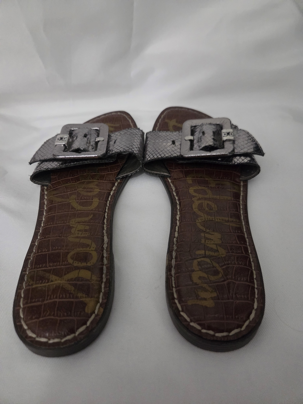 Sam Edelman Metallic Gray Snake-Print Buckle Slide Sandals - Picture 3 of 3